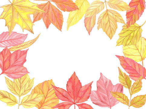 Watercolor colorful Autumn leaves frame. Hand painted illustration