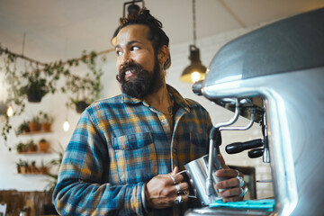 Cafe, startup and waiter with a man barista behind the counter to prepare a drink. Coffee shop,...