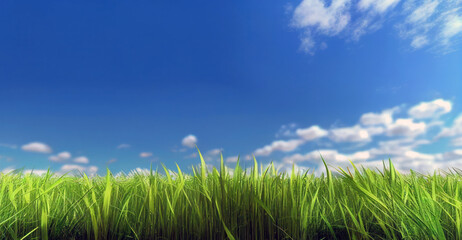 Fototapeta na wymiar Green grass and blue sky. Spring field and sunshine, Generative AI