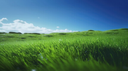 Obraz premium Green grass and blue sky. Spring field and sunshine, Generative AI
