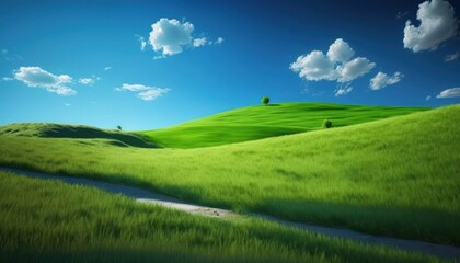 Obraz premium Spring landscape with green grass and blue sky. Grassland, hills and trees. Generative AI