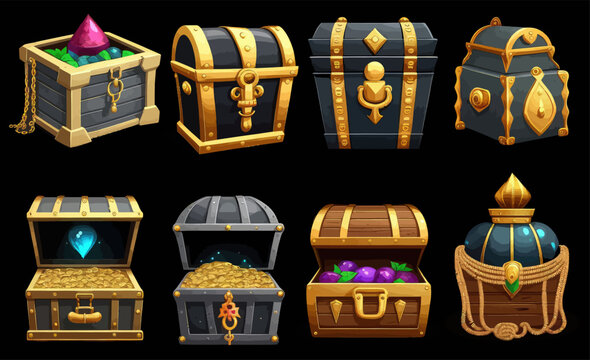 Cartoon Set Of Egyptian Treasure Chest. A Beautiful Template For Game. Flat Cartoon Illustration Isolated On Background. Vector