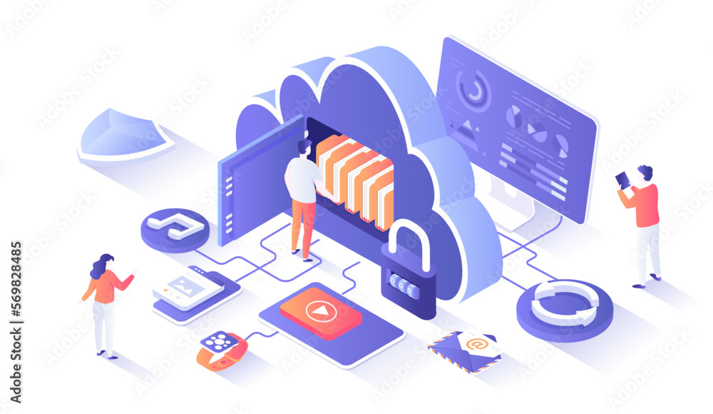 Poster cloud storage service. internet hosting provider, data backup, cloud computing. big cloud as a safe 