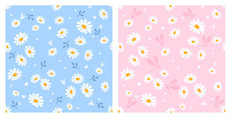 Seamless pattern with daisy flower , hand drawn hearts, branch leaves and dragonflies on blue and pink backgrounds vector illustration. Cute floral print.