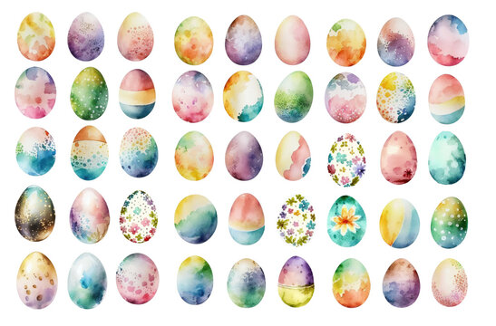 Set of  on watercolor painted easter eggs transparent PNG, elements, illustrations, isolated, Generative AI