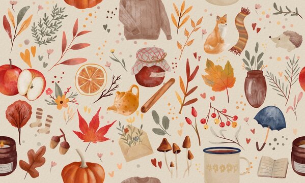 Autumn season seamless pattern wallpaper mood board doodles endless. Watercolor hand drawn pack isolated. fall cozy vibes icons set elements, leaves, pumpkin, sweater, apple, for house decoration