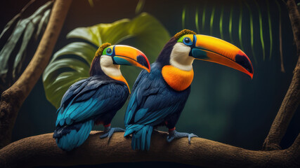 Obraz premium Two toucan tropical bird sitting on a tree branch in natural wildlife environment in rainforest jungle. Generative AI