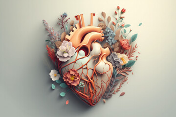Human heart with flowers, love and emotion concept, good hearted person, help and charity. Generative AI
