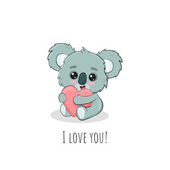 Cute cartoon koala with a heart on white background. Valentine's day card.