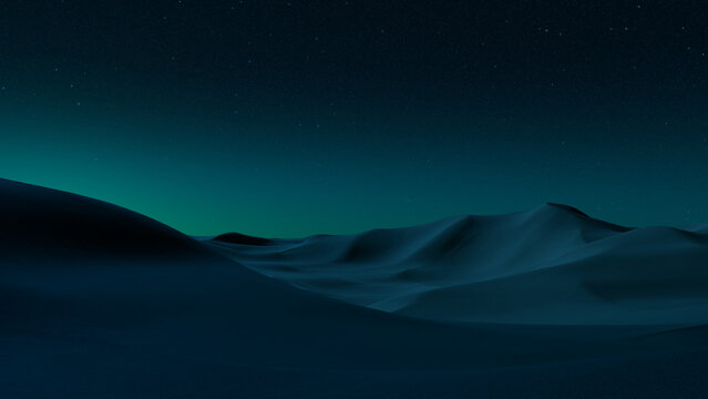 Undulating Sand Dunes form a Scenic Desert Landscape. Night Background with Green Gradient Starry Sky.