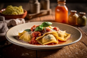 Delicious Italian ravioli  with tomatoes and basil on ceramic plate. Italian restaurant concept. For web, social media, landing page.