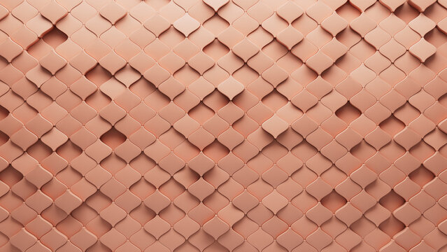 Peach Tiles arranged to create a Polished wall. Futuristic, Arabesque Background formed from 3D blocks. 3D Render