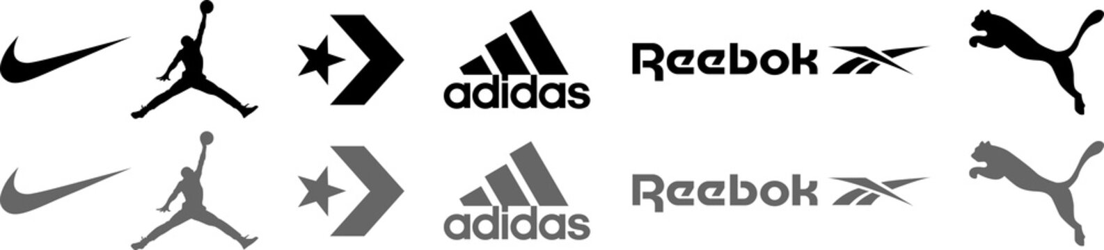 Shoe brands logo set. Nike, Reebok, Puma, Adidas, Jordan, Converse sport clothing icons. PNG image