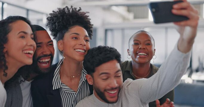 Team, group or excited people take a selfie for company profile picture update or social media online. Crazy, photography or happy employees with collaboration, diversity or teamwork in a fun office