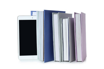Concept of books vs technology, isolated on white background