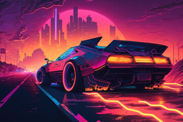 Obraz na płótnie Canvas high-speed world of retro futurism, where neon lights illuminate the dark and the pulse of the 80s beats to the rhythm of synthwave - Generative AI