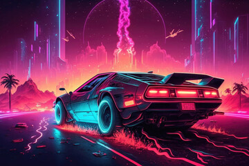  high-speed world of retro futurism, where neon lights illuminate the dark and the pulse of the 80s beats to the rhythm of synthwave - Generative AI