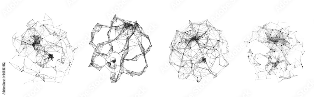 Poster set of abstract spheres from points and lines on a white background. network connection structure. b
