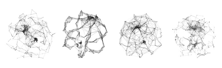 Set of abstract spheres from points and lines on a white background. Network connection structure. Big data visualization. Vector illustration.