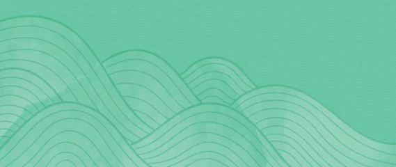 Fotobehang Zeegroen Luxury abstract line art background vector. Wallpaper design with oriental japanese pattern style, watercolor, wave line texture. Design illustration for decoration, wall decor, card, poster, banner.  © TWINS DESIGN STUDIO