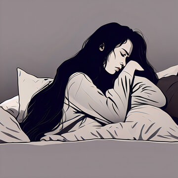 A Desperate Moment: A Girl with Long Dark Hair Lies on a White Comforter in a Gray Room with No Hope