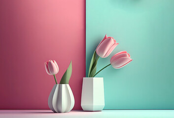 Spring time: Minimalistic still life with beautiful pink tulips in white vase on the minimalistic background. AI
