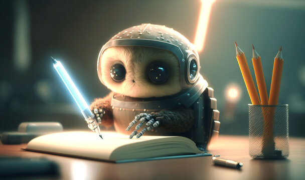 Cute Robot Concentrating At Computer Desk, Holding Pencil And Writing