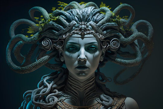 The classic depiction of the head of the Gorgon Medusa from ancient mythology, a gloomy awesome look horror fright. Generative AI technology.