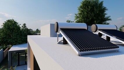 Solar collector, hot water tank on the roof of a modern house. 3d render.