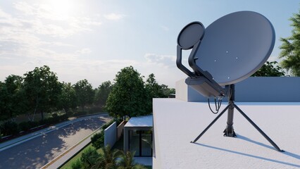 Satellite dish on the roof of the house, close-up. 3d render.