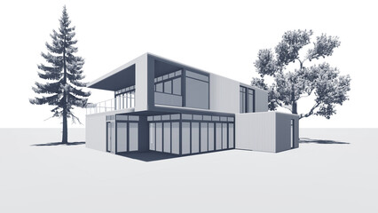Architecture model. Bim model of a modern house, white background. 3d render.