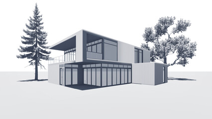 Architecture model. Bim model of a modern house, white background. 3d render.