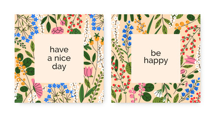 Spring cards with blooming flowers. Square-shaped background, floral botanical frame with field summer herbs, meadow herbal plants, beautiful delicate wildflowers. Colorful flat vector illustrations