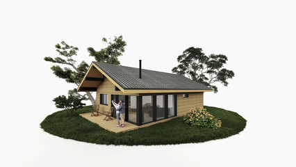 Country cottage for family holidays, white background. 3d render.