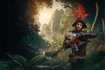 Obraz premium Art of brave conquistador from past with flintlock rifle in tropical jungle of island.