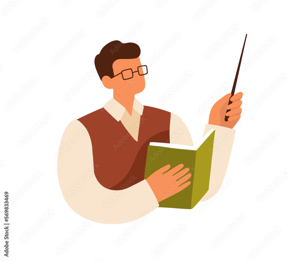 Poster Teacher teaching, holding book, showing smth with pointer. School educator with textbook, explaining, presenting with stick during lecture. Flat vector illustration isolated on white background