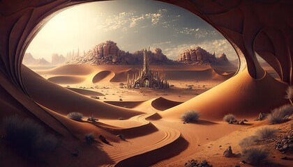 Enchanted kingdom ruled by a powerful wizard. The landscape is a never-ending desert with sand dunes. Illustration fantasy by generative IA