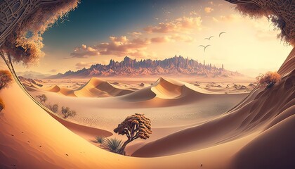 Never-ending desert with sand dunes. Illustration fantasy by generative IA - obrazy, fototapety, plakaty