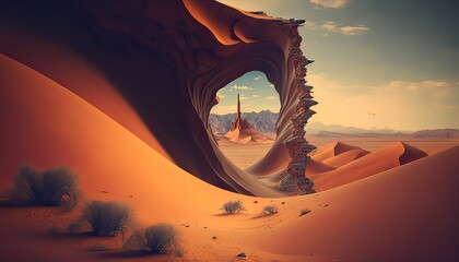 Never-ending desert with sand dunes. Illustration fantasy by generative IA