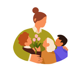 Children giving flowers bouquet for Teacher day. School students, kids hugging tutor, thanking with love and respect. Schoolkids with tulips gift. Flat vector illustration isolated on white background
