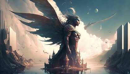 Angelic warrior fighting against demons to save the world. The setting is a gleaming city floating in the clouds. Illustration fantasy by generative IA