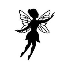 Magical fairy logo. Flying fairy silhouette. Mythical tale character. Little creature with wings in dress