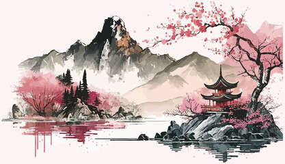 Obraz na płótnie Canvas Mountain and lake landscape Chinese background. in traditional oriental, minimalistic Japanese style. Vector illustration