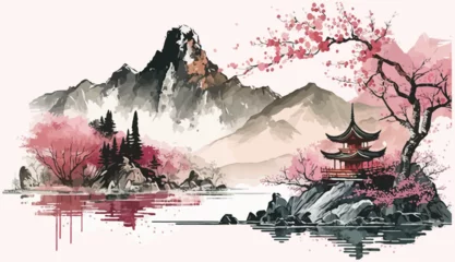 Fototapete Weiß Mountain and lake landscape Chinese background. in traditional oriental, minimalistic Japanese style. Vector illustration  © Zaleman