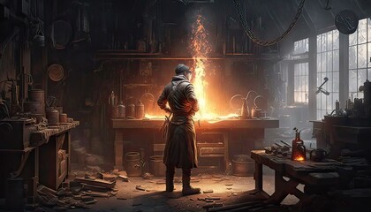 Dwarf blacksmith crafting a masterful weapon. The environment is a bustling forge filled with the sounds of clanging metal and the smell of burning coal. Illustration fantasy by generative IA - obrazy, fototapety, plakaty