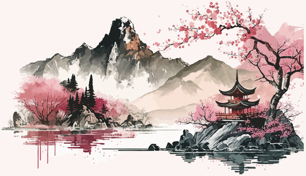 Mountain and lake landscape Chinese background. in traditional oriental, minimalistic Japanese style. Vector illustration