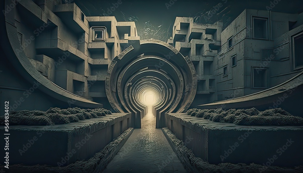 Wall mural twisting maze of dark and dangerous tunnels. illustration fantasy by generative ia - Wall murals