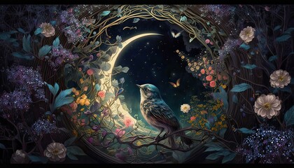 Obraz na płótnie Canvas Moonlit garden filled with fragrant flowers and singing birds. Illustration fantasy by generative IA