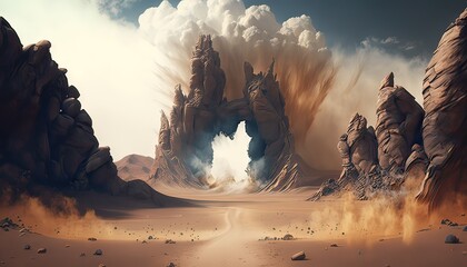 Barren wasteland with jagged rocks and boiling geysers. Illustration fantasy by generative IA - obrazy, fototapety, plakaty