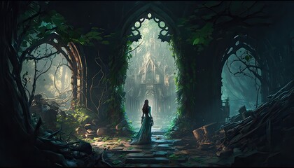 Evil enchantress trapping a prince in a spell. The landscape is a dense and tangled forest filled with secrets and dangers. Illustration fantasy by generative IA